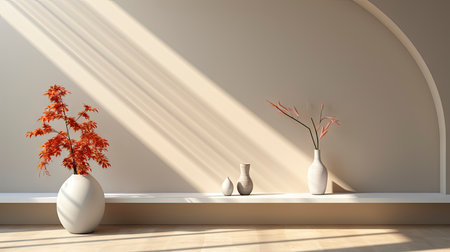 Minimalist decor with striped shadows, ceramic vase with dried flora, and sleek bowl against teal backdropの素材