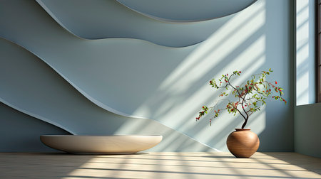 Minimalist decor with striped shadows, ceramic vase with dried flora, and sleek bowl against teal backdropの素材