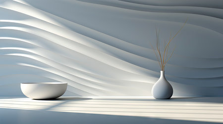 Minimalist decor with striped shadows, ceramic vase with dried flora, and sleek bowl against teal backdropの素材