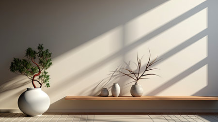 Minimalist decor with striped shadows, ceramic vase with dried flora, and sleek bowl against teal backdropの素材