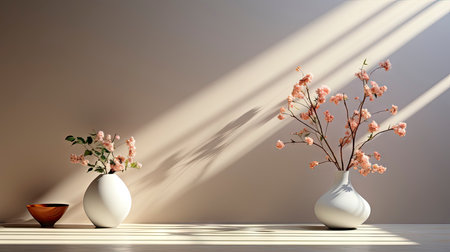 Minimalist decor with striped shadows, ceramic vase with dried flora, and sleek bowl against teal backdropの素材