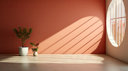 Minimalist decor with striped shadows, ceramic vase with dried flora, and sleek bowl against teal backdropの素材