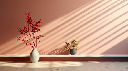 Minimalist decor with striped shadows, ceramic vase with dried flora, and sleek bowl against teal backdropの素材