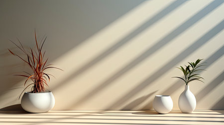 Minimalist decor with striped shadows, ceramic vase with dried flora, and sleek bowl against teal backdropの素材