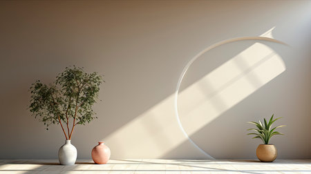 Minimalist decor with striped shadows, ceramic vase with dried flora, and sleek bowl against teal backdropの素材