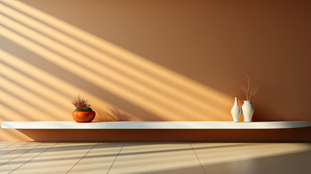 Minimalist decor with striped shadows, ceramic vase with dried flora, and sleek bowl against teal backdropの素材