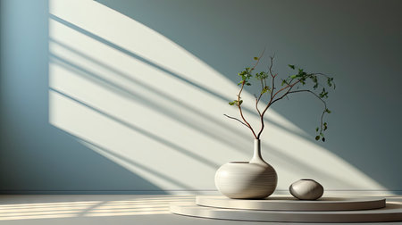 Minimalist decor with striped shadows, ceramic vase with dried flora, and sleek bowl against teal backdropの素材