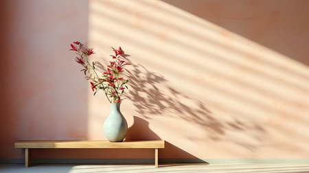 Minimalist decor with striped shadows, ceramic vase with dried flora, and sleek bowl against teal backdropの素材