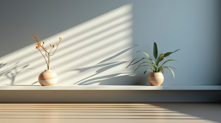 Minimalist decor with striped shadows, ceramic vase with dried flora, and sleek bowl against teal backdropの素材