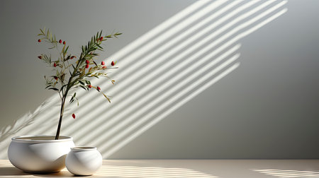 Minimalist decor with striped shadows, ceramic vase with dried flora, and sleek bowl against teal backdropの素材