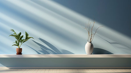 Minimalist decor with striped shadows, ceramic vase with dried flora, and sleek bowl against teal backdropの素材