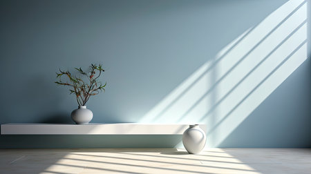 Minimalist decor with striped shadows, ceramic vase with dried flora, and sleek bowl against teal backdropの素材