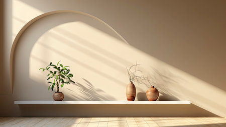 Minimalist decor with striped shadows, ceramic vase with dried flora, and sleek bowl against teal backdropの素材