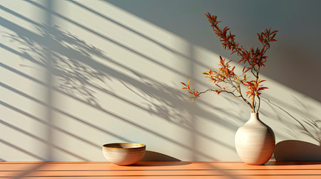 Minimalist interior with potted palm, striped sunlight, and elegant wooden vases on muted blue wallの素材