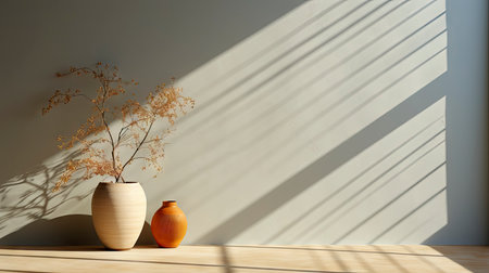 Minimalist interior with potted palm, striped sunlight, and elegant wooden vases on muted blue wallの素材