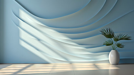 Minimalist interior with potted palm, striped sunlight, and elegant wooden vases on muted blue wallの素材