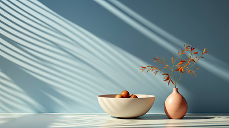 Minimalist interior with potted palm, striped sunlight, and elegant wooden vases on muted blue wallの素材