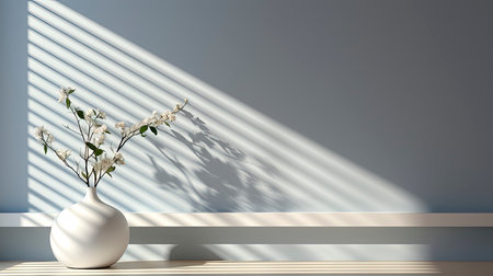 Minimalist interior with potted palm, striped sunlight, and elegant wooden vases on muted blue wallの素材
