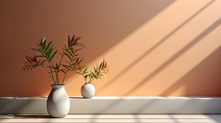 Minimalist interior with potted palm, striped sunlight, and elegant wooden vases on muted blue wallの素材