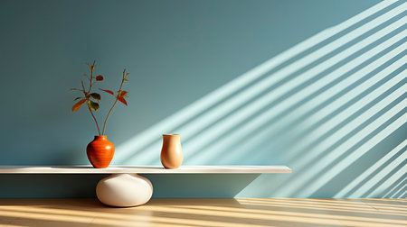 Minimalist interior with potted palm, striped sunlight, and elegant wooden vases on muted blue wallの素材