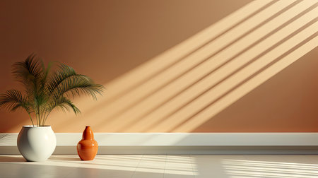 Minimalist interior with potted palm, striped sunlight, and elegant wooden vases on muted blue wallの素材