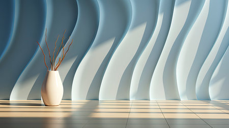Minimalist interior with potted palm, striped sunlight, and elegant wooden vases on muted blue wallの素材