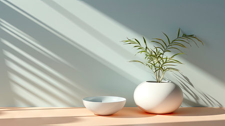 Minimalist interior with potted palm, striped sunlight, and elegant wooden vases on muted blue wallの素材