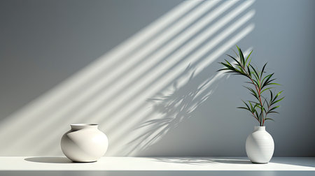 Minimalist interior with potted palm, striped sunlight, and elegant wooden vases on muted blue wallの素材