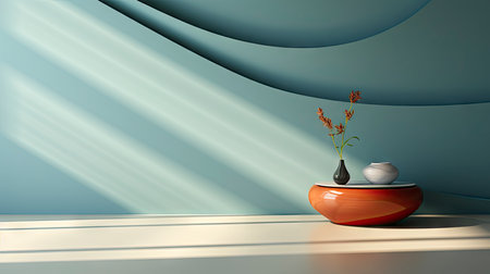 Minimalist interior with potted palm, striped sunlight, and elegant wooden vases on muted blue wallの素材
