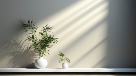 Minimalist interior with potted palm, striped sunlight, and elegant wooden vases on muted blue wallの素材