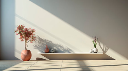 Minimalist interior with potted palm, striped sunlight, and elegant wooden vases on muted blue wallの素材