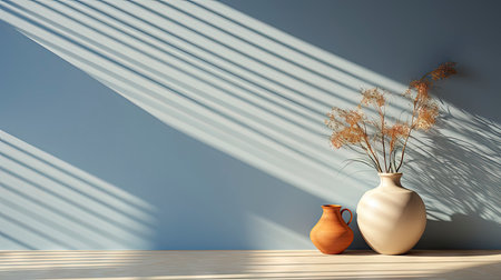 Minimalist interior with potted palm, striped sunlight, and elegant wooden vases on muted blue wallの素材