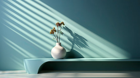 Minimalist interior with potted palm, striped sunlight, and elegant wooden vases on muted blue wallの素材