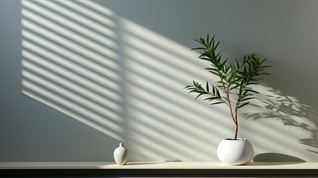 Minimalist interior with potted palm, striped sunlight, and elegant wooden vases on muted blue wallの素材