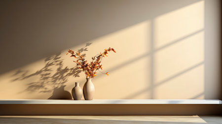 Minimalist interior with potted palm, striped sunlight, and elegant wooden vases on muted blue wallの素材