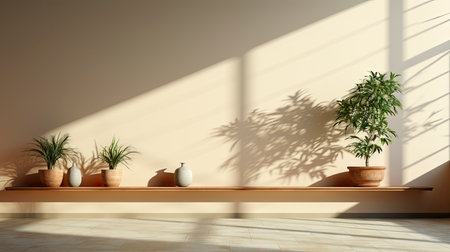 Minimalist interior with potted palm, striped sunlight, and elegant wooden vases on muted blue wallの素材