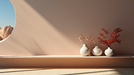 Minimalist interior with potted palm, striped sunlight, and elegant wooden vases on muted blue wallの素材