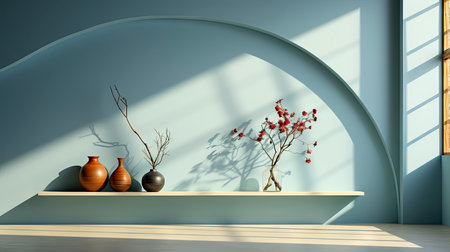 Minimalist interior with potted palm, striped sunlight, and elegant wooden vases on muted blue wallの素材