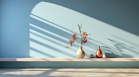 Minimalist interior with potted palm, striped sunlight, and elegant wooden vases on muted blue wallの素材