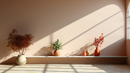 Minimalist interior with potted palm, striped sunlight, and elegant wooden vases on muted blue wallの素材