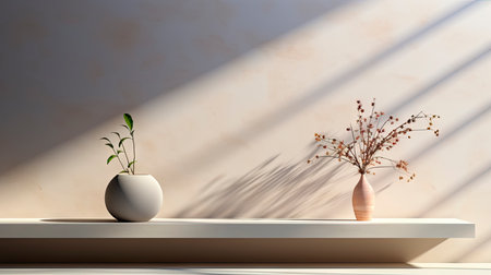 Minimalist interior with potted palm, striped sunlight, and elegant wooden vases on muted blue wallの素材