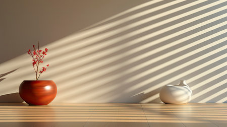 Minimalist interior with potted palm, striped sunlight, and elegant wooden vases on muted blue wallの素材