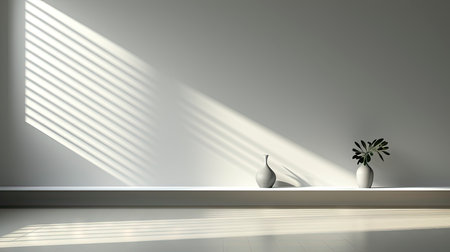 Minimalist interior with potted palm, striped sunlight, and elegant wooden vases on muted blue wallの素材
