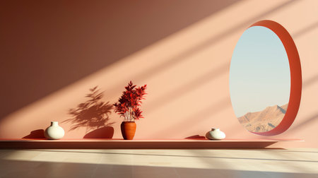 Minimalist interior with potted palm, striped sunlight, and elegant wooden vases on muted blue wallの素材