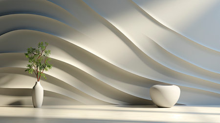 Minimalist interior with potted palm, striped sunlight, and elegant wooden vases on muted blue wallの素材