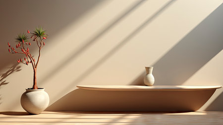 Minimalist interior with potted palm, striped sunlight, and elegant wooden vases on muted blue wallの素材