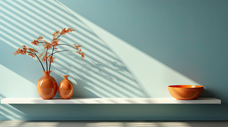 Minimalist interior with potted palm, striped sunlight, and elegant wooden vases on muted blue wallの素材