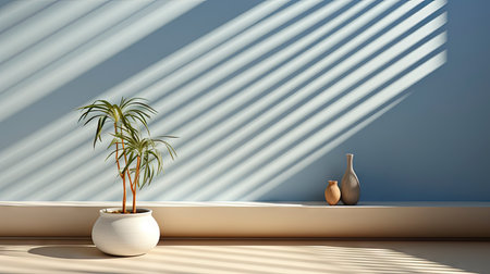 Minimalist interior with potted palm, striped sunlight, and elegant wooden vases on muted blue wallの素材