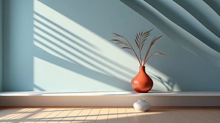 Minimalist interior with potted palm, striped sunlight, and elegant wooden vases on muted blue wallの素材