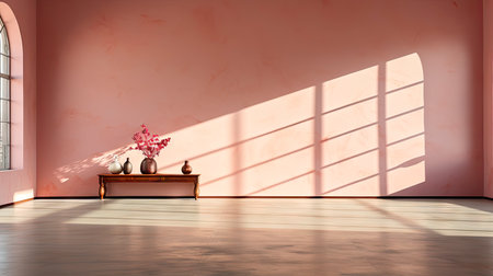 Minimalist interior with potted palm, striped sunlight, and elegant wooden vases on muted blue wallの素材